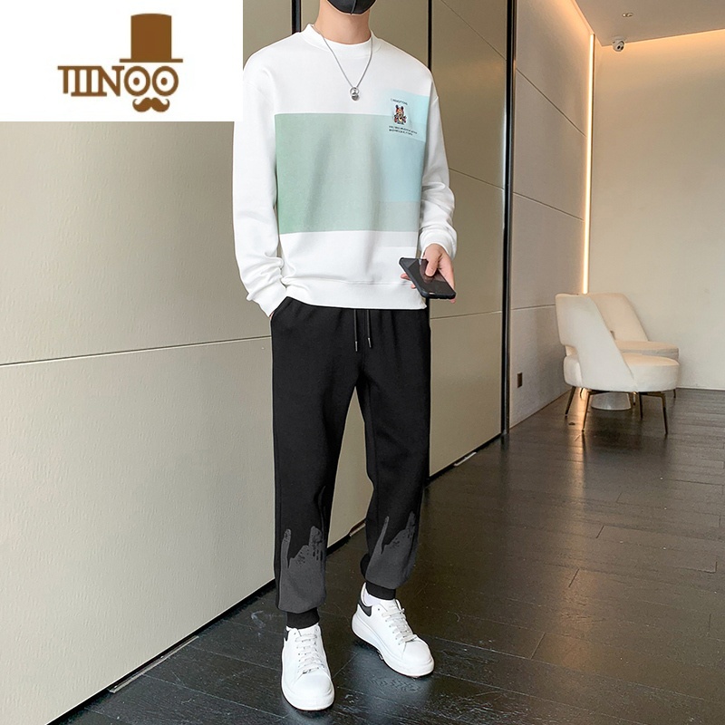 YANXU2023新款休闲运动套装男潮牌百搭高街撞色卫衣一套搭配秋装高清大图