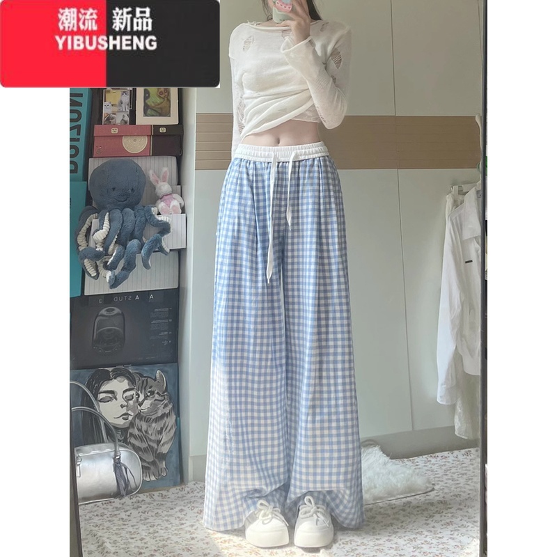 YIBUSHENG小个子蓝色格子休闲裤女季薄款2024新款宽松阔腿裤高腰直筒裤子高清大图