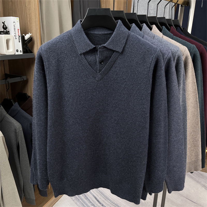 衬衫领男士毛衣假两件2025秋冬新款翻领提花加厚保暖打底针织衫男高清大图