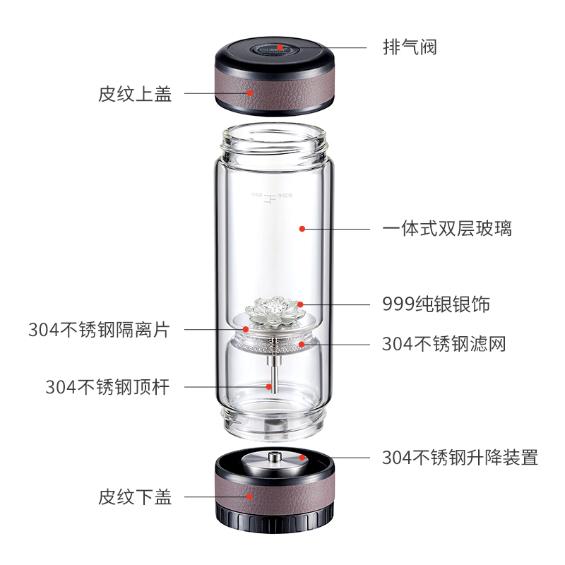 家柏饰(CORATED)茶水分离泡茶杯双层玻璃便携过滤茶叶杯子男士水杯 咖啡色+莲花银饰高清大图