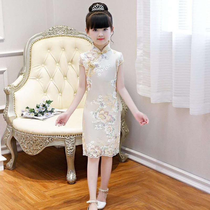 香槟色 送皇冠 100 女童旗袍连衣裙唐装中国风汉服儿童古筝演出服装小女孩夏季公主裙