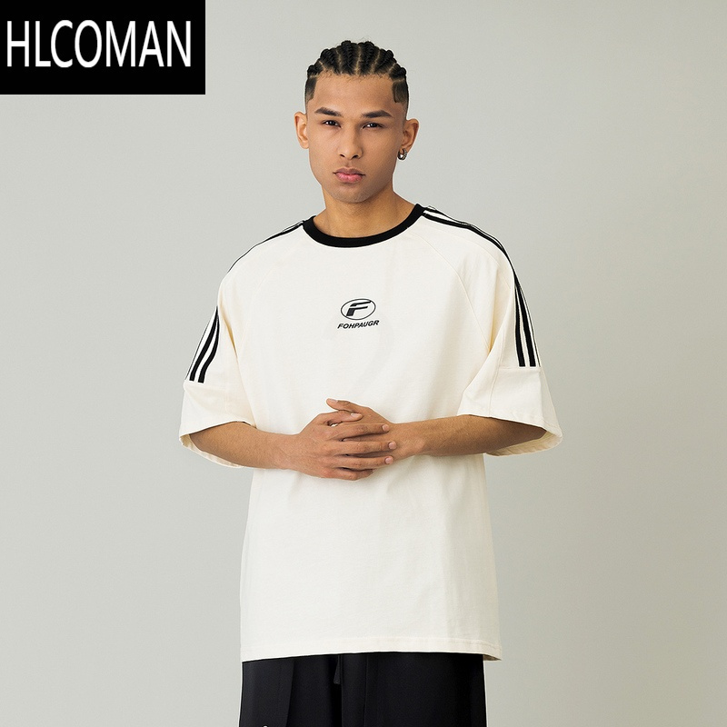 HLCOMAN 美式潮牌拼接插肩袖圆领短袖T恤男夏季情侣宽松织带休闲体恤