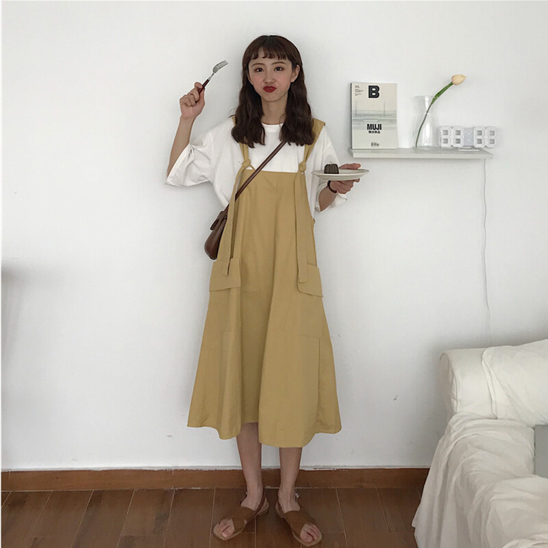 2018夏装韩版新款宽松纯色系带中长款背带裙女连衣裙长裙裙子学生卡其色均码