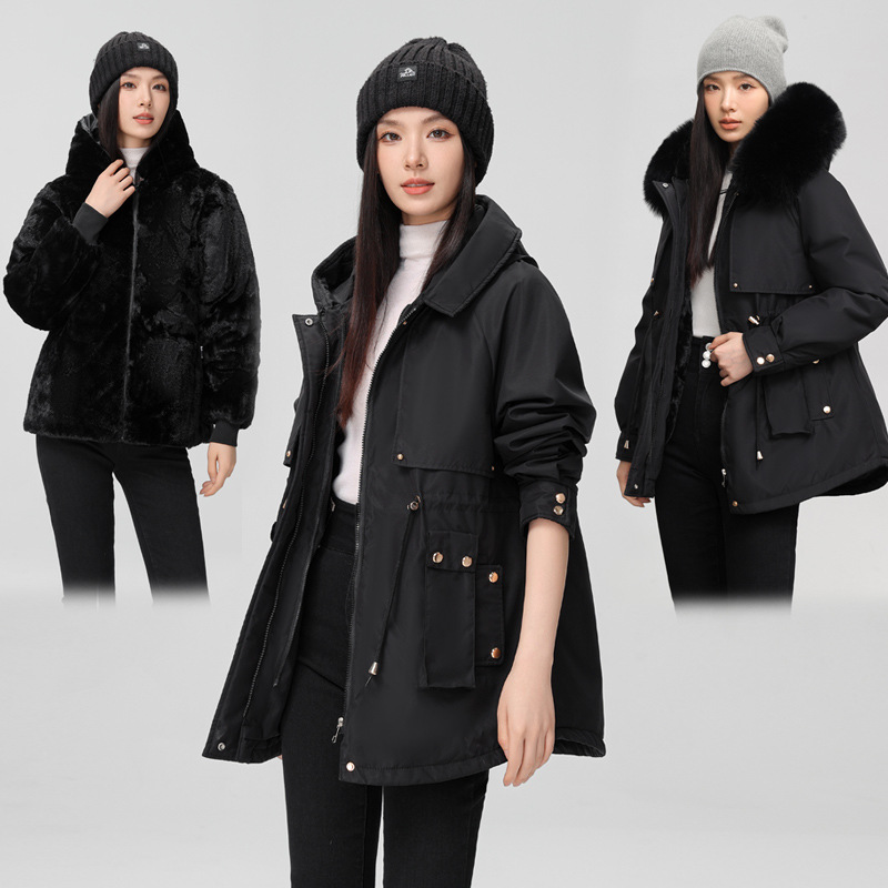 加绒加厚派克服女冬季2024新款大毛领可拆卸连帽洋气宽松棉服外套 黑色 XL