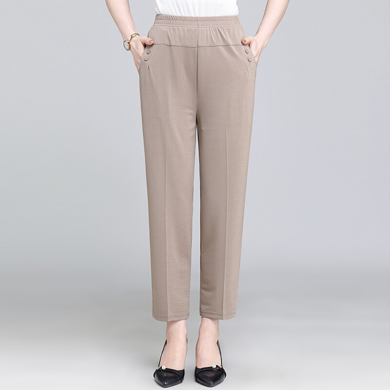 迪鲁奥（DILUAO)新款女装【品质保障】妈妈春秋裤子大码中年妇女小脚裤松紧高腰薄百搭休闲中老年长裤女_349 2XL 杏色
