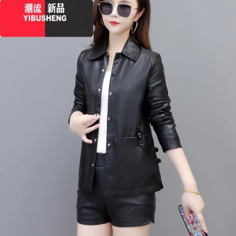 yibusheng春新款海宁皮衣女短款外套中年妈妈装简约上衣时尚休闲皮