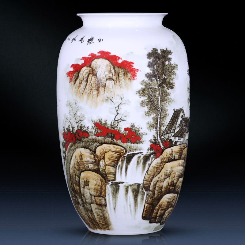 三维工匠德镇陶瓷器落地大花瓶摆件大号插花中式家居客厅装饰品手绘瓷瓶 三维 少秋作品-青花瓷《松山阁楼》腰鼓瓶+送旋转底座高清大图