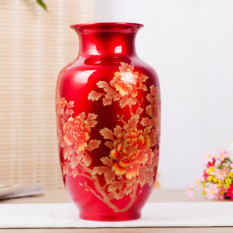 水晶釉陶瓷器落地花瓶摆件中国红色景德镇客厅插花新中式结婚礼品 三维工匠 红富贵冬瓜瓶高清大图
