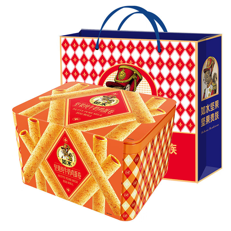 如水 坚果纯牛奶鸡蛋卷468g 饼干 曲奇特产糕点 老年人休闲零食 铁盒装