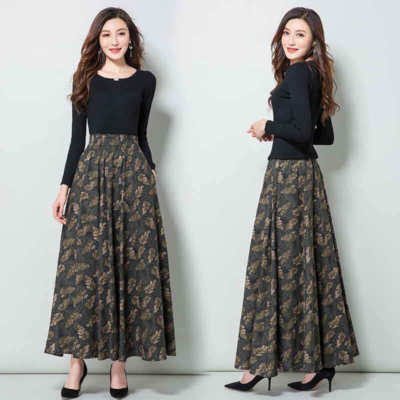 2018春季棉麻半身裙秋裙长裙女显瘦高腰大摆裙碎花中长款亚麻裙子