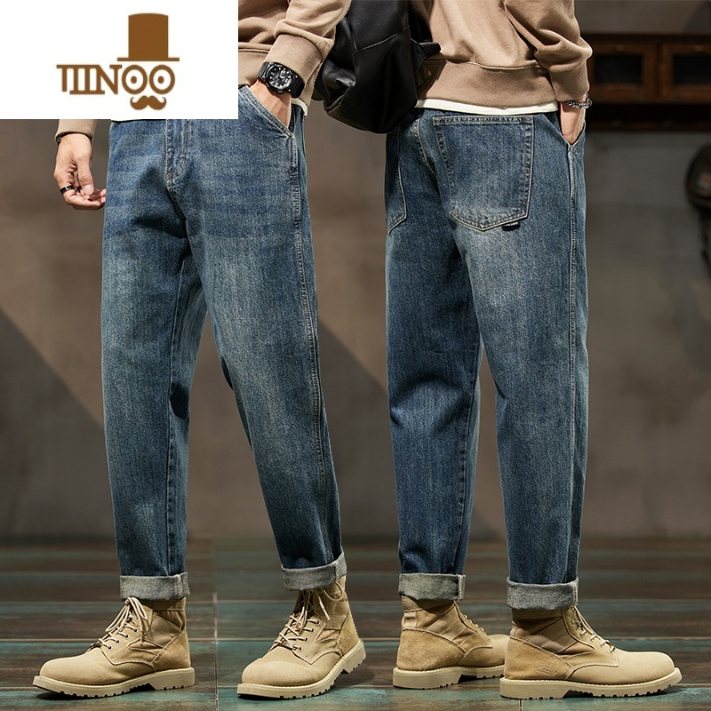 YANXU直筒牛仔裤男士美式复古潮牌宽松大码工装九分休闲长裤子2023高清大图