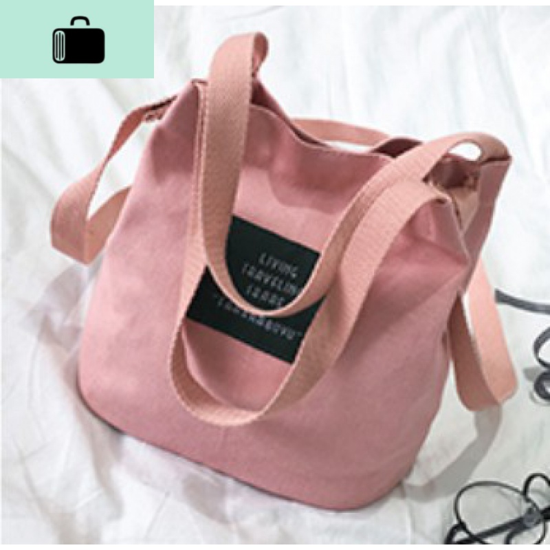 日系文艺简约森系复古学院风字母帆布包斜跨单肩包手提包小水桶包NEW LAKE女士单肩包 粉红色