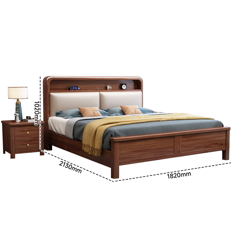 苏宁 质凡 宿舍公寓胡桃木带软包实木床框架结构/ZF-SMC060/1.8米*2米高清大图