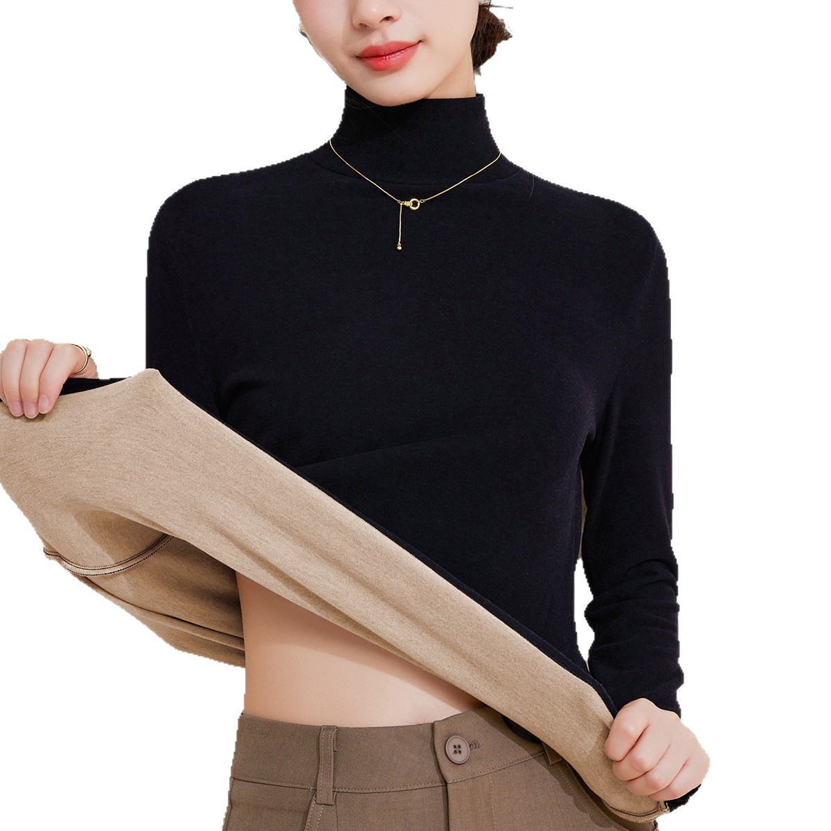 2025新高领打底衫含羊毛蚕丝长袖t恤女加厚加绒发热保暖上衣秋冬高清大图
