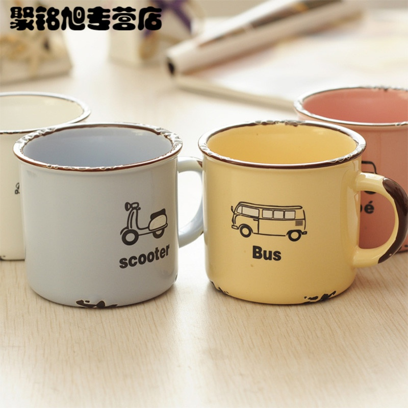 仿搪瓷杯子怀旧创意陶瓷杯子马克杯可爱卡通水杯情侣陶瓷咖啡杯