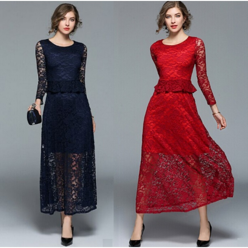 长袖蕾丝连衣裙2017秋季新款显瘦气质名媛荷叶边蕾丝长裙打底裙女