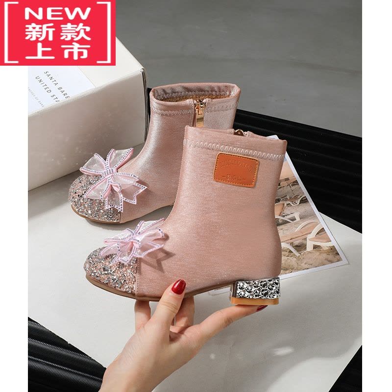 可莉允女童靴子高跟水晶鞋公主靴时装2022秋冬款中大童皮靴加绒儿童短靴图片