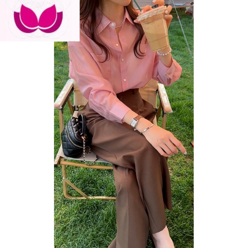 七斓春装女2023年新款盐系高级感时尚减龄炸街粉色衬衫职业套装裤