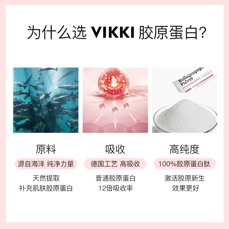 [德国原装进口]vikki德国原盒胶原蛋白肽小分子固体饮料鱼胶原蛋白粉低温水解(5g*14袋) 1盒