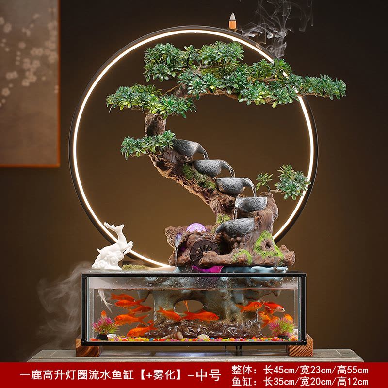 陶瓷流水生财玻璃鱼缸摆件客厅电视柜装饰轮办公开业乔迁礼品图片