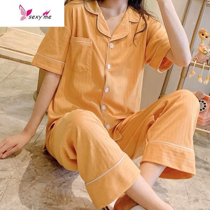 睡衣女夏棉短袖长裤洋气韩版简约休闲居家薄款家居服两件套 FISH BASKET