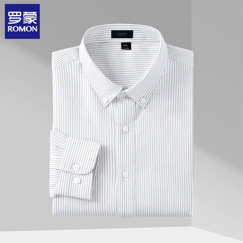 罗蒙春装新款纯棉牛津纺衬衫男士春秋长袖商务免烫抗皱高档衬衣