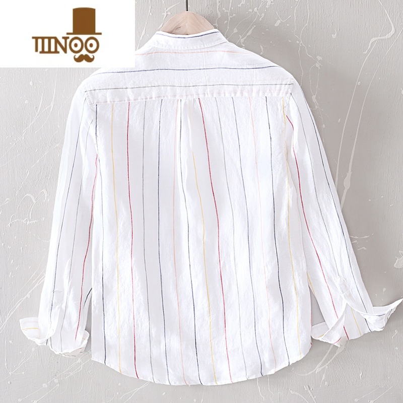 YANXU2022新款弹力款日系小清新拼色长袖衬衫男士纯季大码休闲条纹宽松高清大图