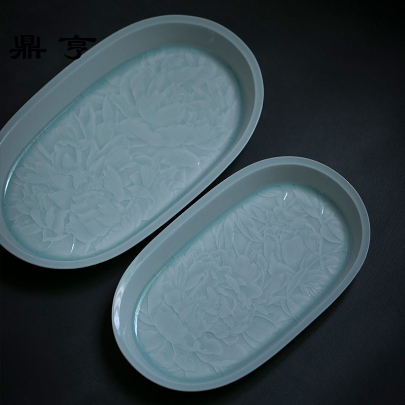 鼎亨纯手工精影青茶盘 牡丹纹陶瓷餐盘景德镇椭圆茶具茶台托盘