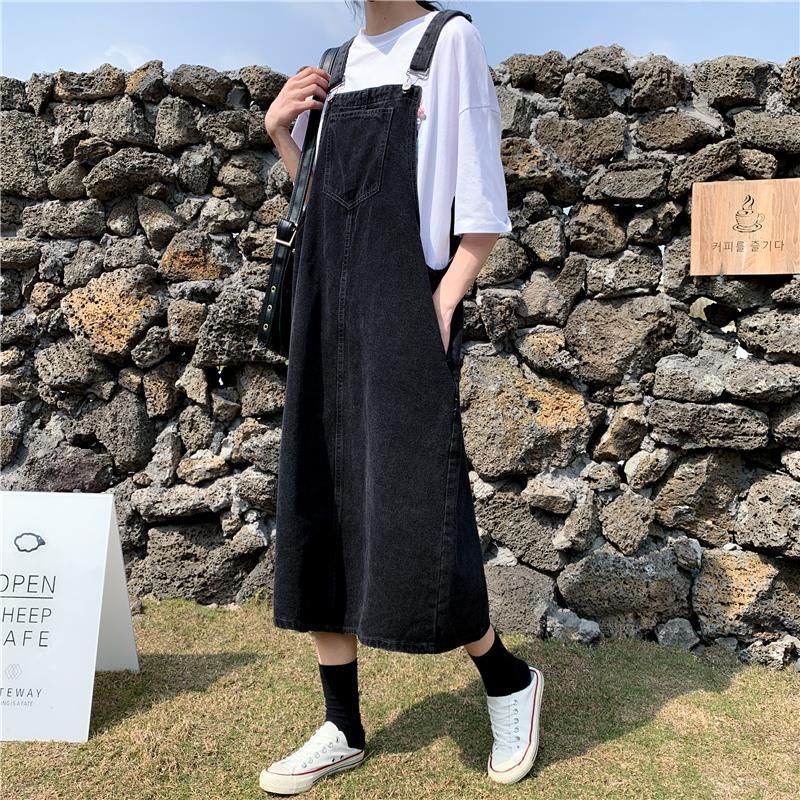 洋气减龄牛仔背带裙女夏2020新款大码胖mm宽松BF中长款吊带连衣裙 黑色 S码[90-100斤]