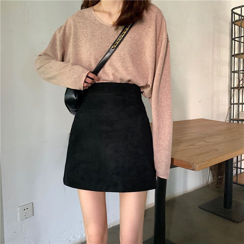 半身裙女秋冬新款韩版麂皮绒裙子高腰a字裙时尚显瘦包臀裙短裙女