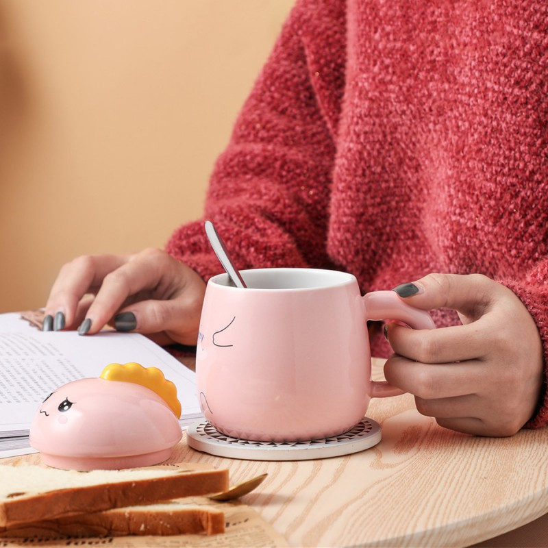 贝瑟斯 小恐龙陶瓷可爱带盖勺创意潮陶瓷牛奶杯杯子马克杯水杯