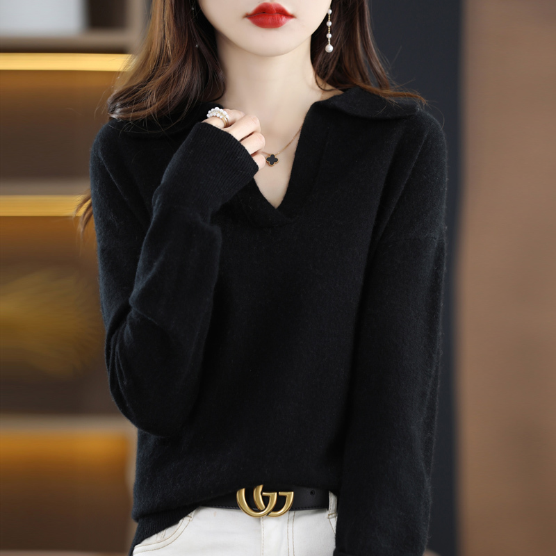 雪米贝奴翻领100%羊毛衫女秋冬新款韩版长袖时尚毛衣宽松羊绒针织衫