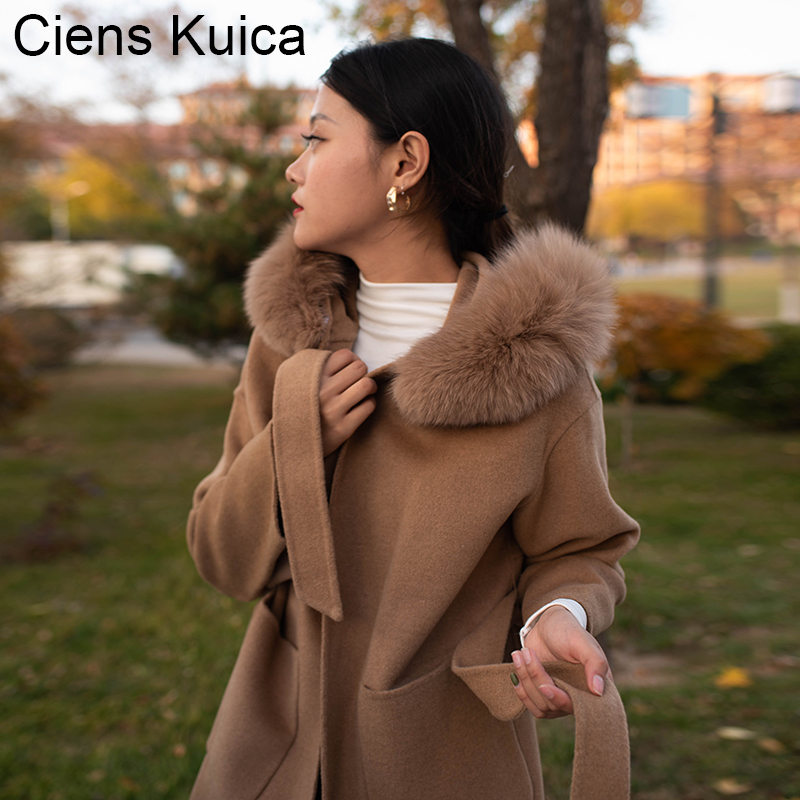 Ciens Kuica双面呢羊绒大衣女中长款韩版宽松小个子黑色连帽大衣