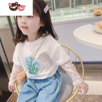 绿彩虹光女童长袖t恤2022春夏新款女宝宝上衣洋气中小儿童装蕾丝打底衫潮3T恤