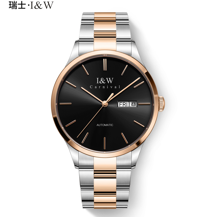 瑞士爱沃驰I&W CARNIVAL手表男表全自动机械表 男士进口机芯防水钢带男款手表正品腕表防水商务530G 黑面