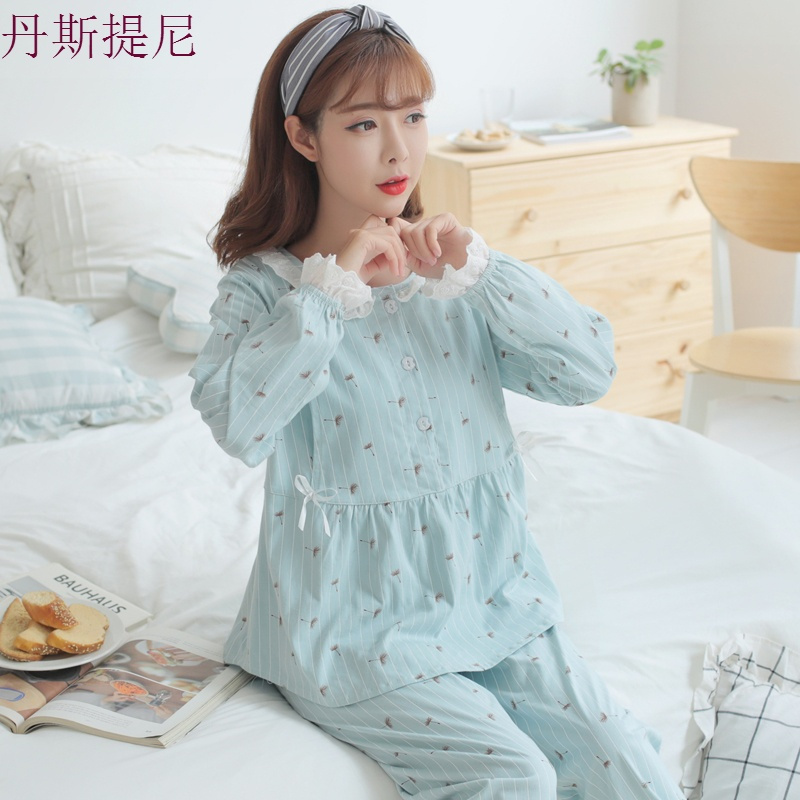 孕妇睡衣秋季纯棉坐月子家居服蕾丝哺乳期加肥加大产后喂奶冬套装