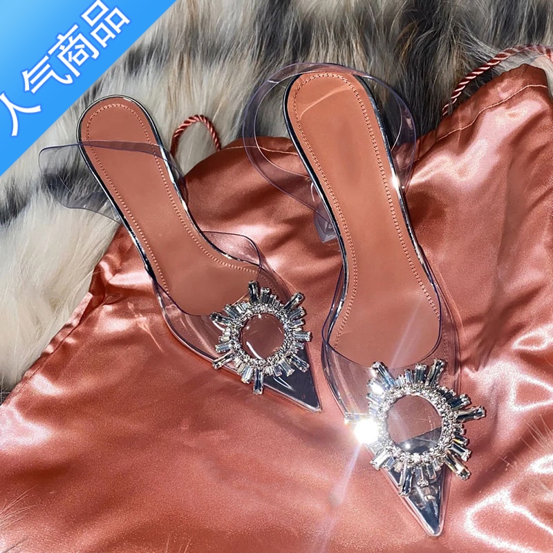 SUNTEK网红水钻凉鞋软细跟水晶不磨脚仙女鞋性感包头名媛透明高跟鞋高清大图