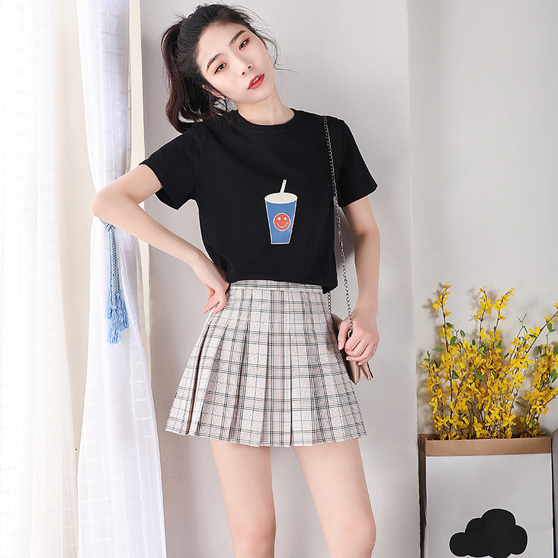 奶茶格子春夏季百褶裙春夏高腰a字裙短裙女学生小裙子ulzzang半身裙臻