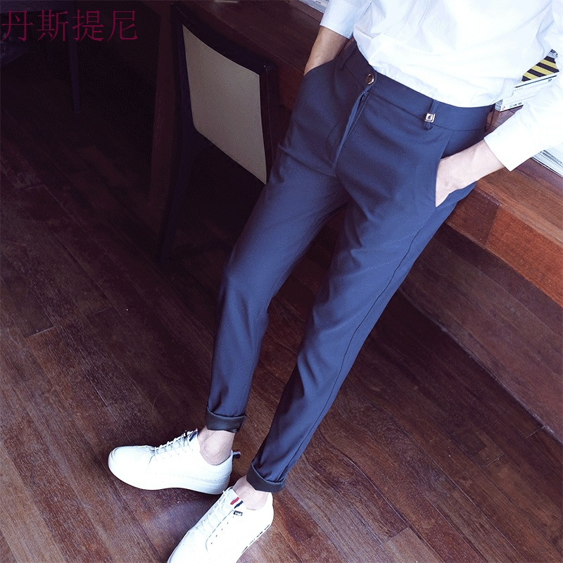 时尚男士休闲裤修身型英伦小脚裤长裤子韩版弹力夏季男土九分裤潮
