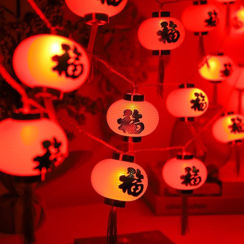 新年小红灯笼春节彩灯串灯冬瓜笼-10cm福字长灯笼-户外防水36灯10米-常亮+闪烁【遥控太阳能+USB双充超亮款】
