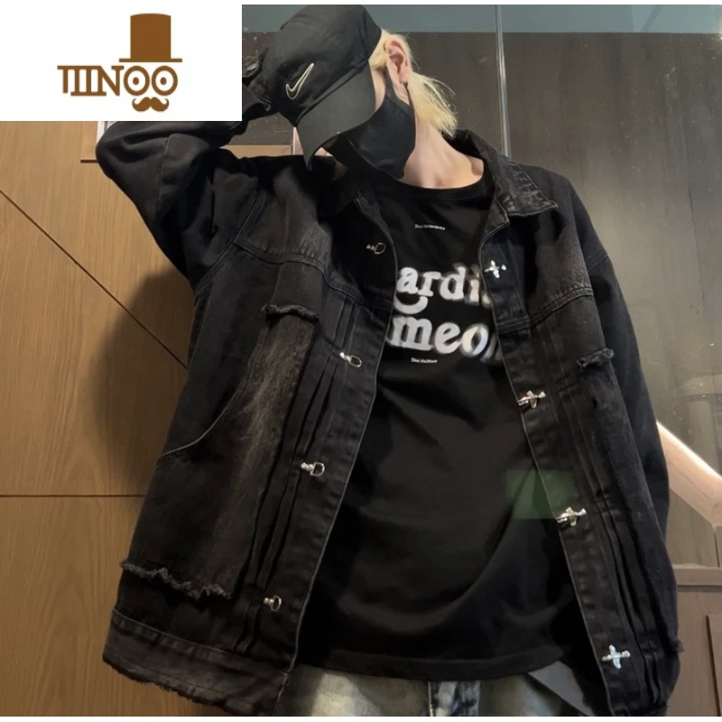 YANXUKKDCR美式宽松百搭水洗秋季男女夹克复古街头设计感牛仔外套上衣高清大图
