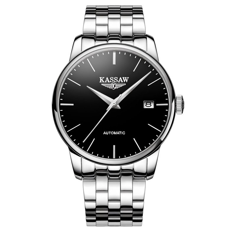 卡梭(KASSAW)手表男女自动机械表时尚商务潮流男表ins风简约装饰女表皮带精钢防水超薄休闲情侣表K858 银色黑面钢带男款
