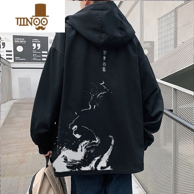 YANXU国潮港风撞色泼墨连帽夹克男2023新款青少年男装帅气学生外套高清大图