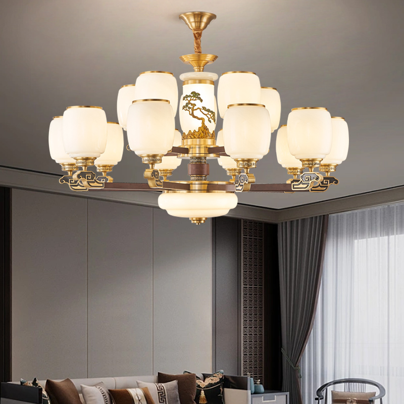 新中式全铜红木大吊灯轻奢大气客厅别墅复式楼中空大厅餐厅灯具