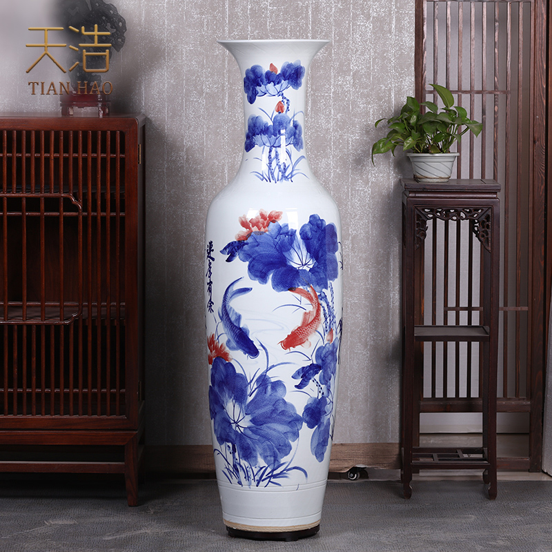 景德镇陶瓷落地大花瓶插花青花瓷中式客厅办公室装饰摆件酒店开业 三维工匠 手绘青花连年有余1.4米单个高清大图