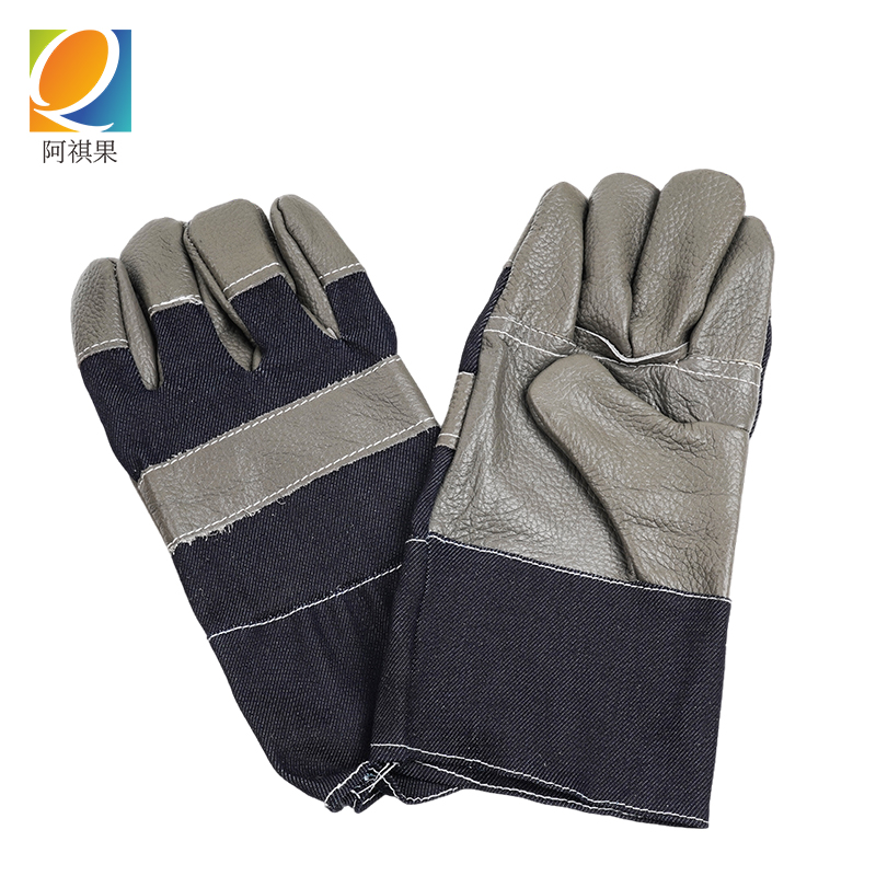 阿祺果 半皮手套 牛仔布头层皮 副高清大图