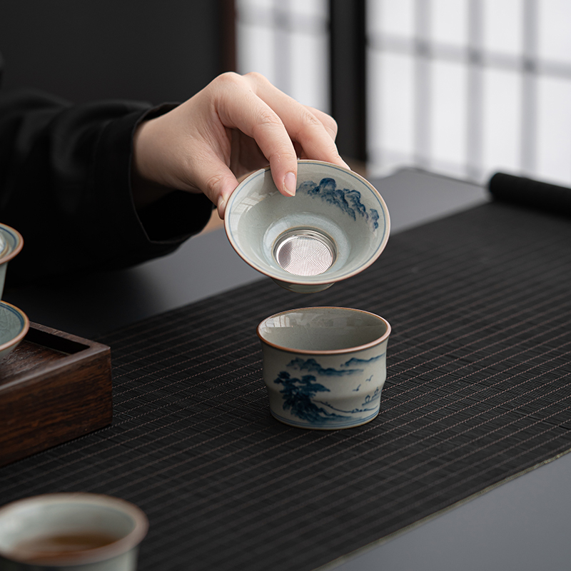 苏氏陶瓷(SUSHI CERAMICS)汝窑开片手绘山水泛舟三才盖碗茶壶礼盒茶具组