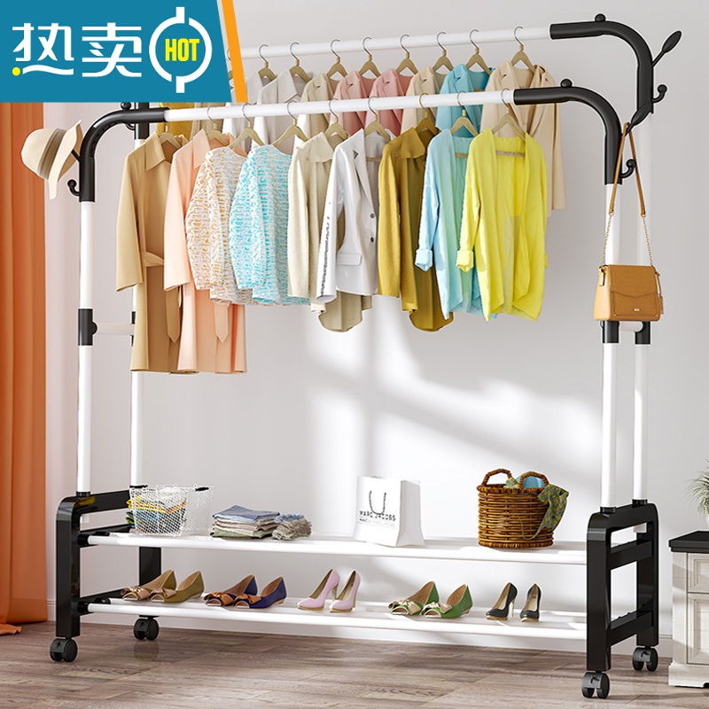 敬平衣帽架简易晾衣架落地室内家用卧室双杆式挂衣架子阳台衣服收纳架 110cm黑|双衣帽钩★特粗加厚高清大图