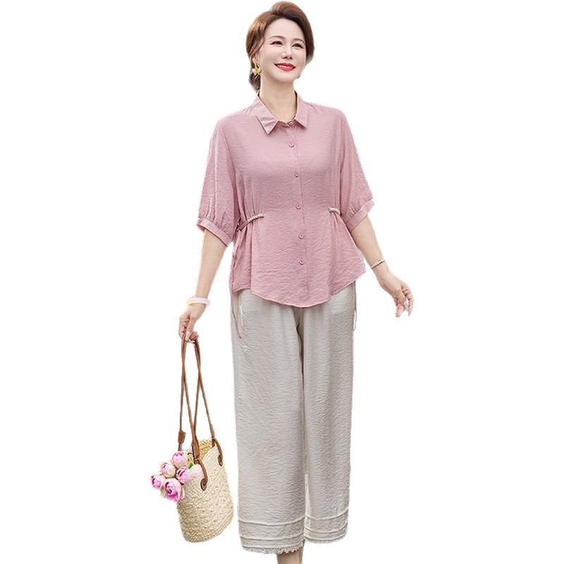 纤孜雅 夏季时尚中年妈妈装衬衫中袖宽松洋气中老年女装夏装休闲气质套装高清大图