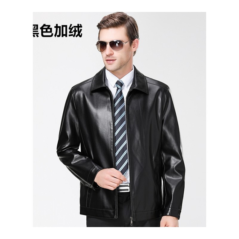 免费试穿 品牌男装正品海宁真皮皮衣男士皮夹克绵羊皮立领时尚休闲款中年真皮外套男官方旗舰店特卖特卖 8866黑色加绒 170/84A
